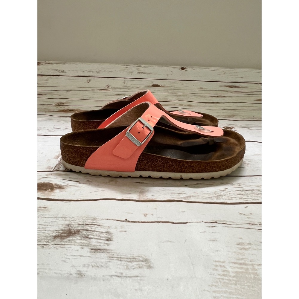 Birkenstock Gizeh Sandals Coral Pink Patent Leather Cork Footbed 38 US sz 7-7.5